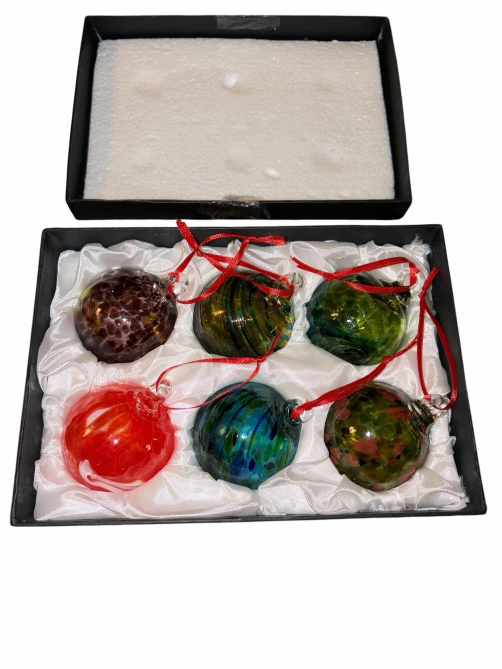 Hand Blown Art Glass Christmas Ornament 6 pc Multicolor Jewel Tone Gift Swirl